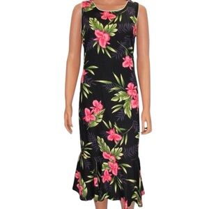Two Palms Hawaiian Midi Maxi Dress Orchid Floral Black Sleeveless size Medium